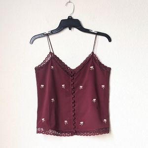 topshop burgundy floral embroidery lace trim cami
